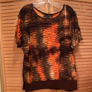 New Directions Orange and Brown Ruffled Blouse